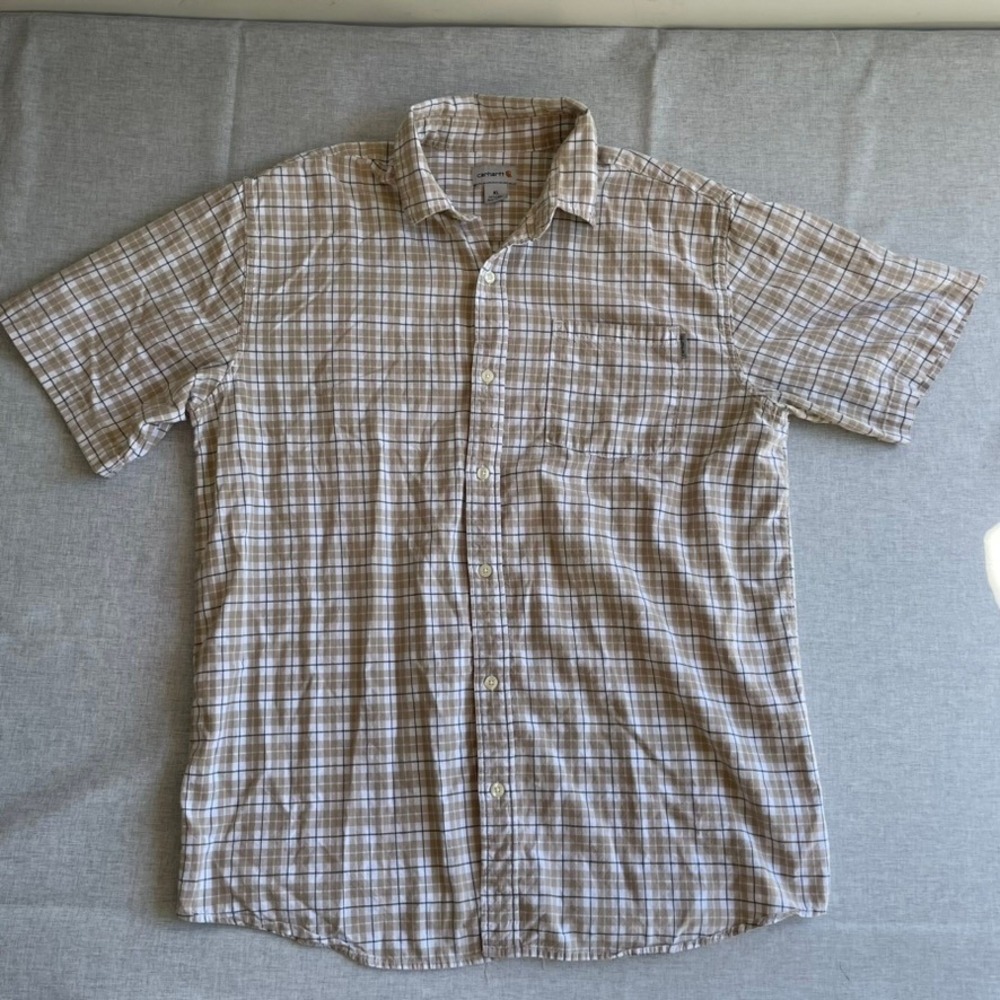 Carhartt Mens XL Plaid Shirt Short Sleeve Button Down Casual Beige Brown